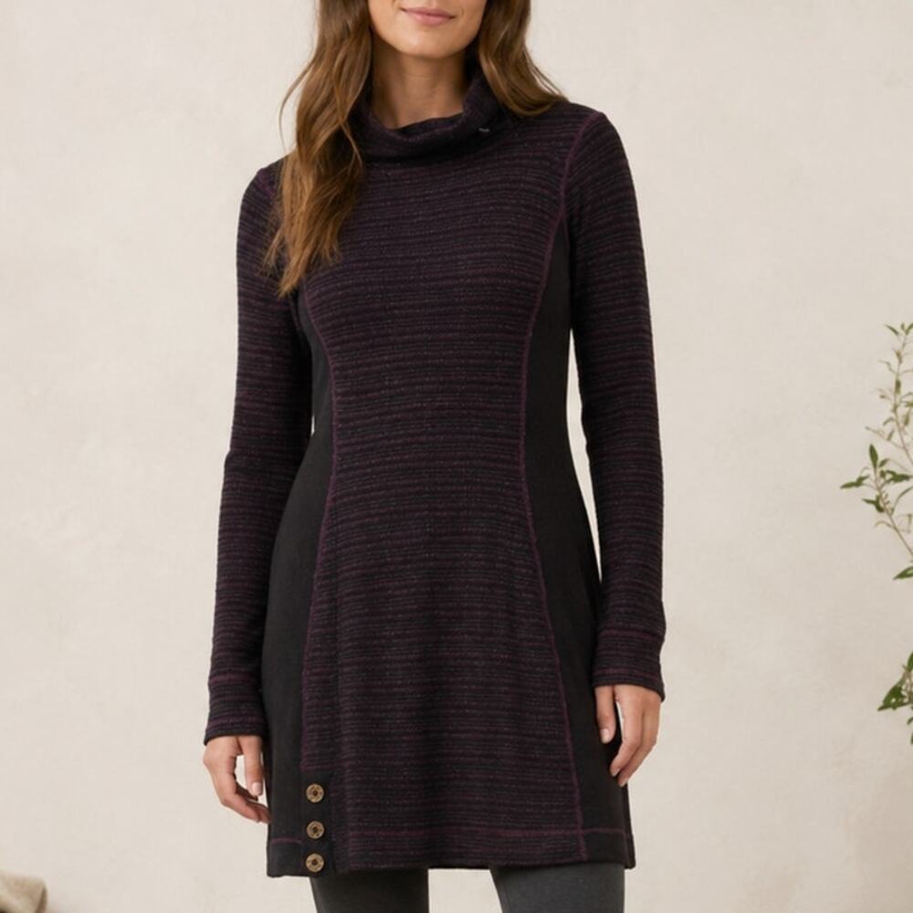 prAna Kelland Sweater Dress Small Eggplant Stripe Wool Blend Mockneck Gorpcore